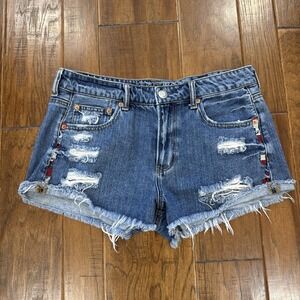 American Eagle Tomgirl Shortie Denim Short Distressed Womens 8 Frayed Hem Cutoff